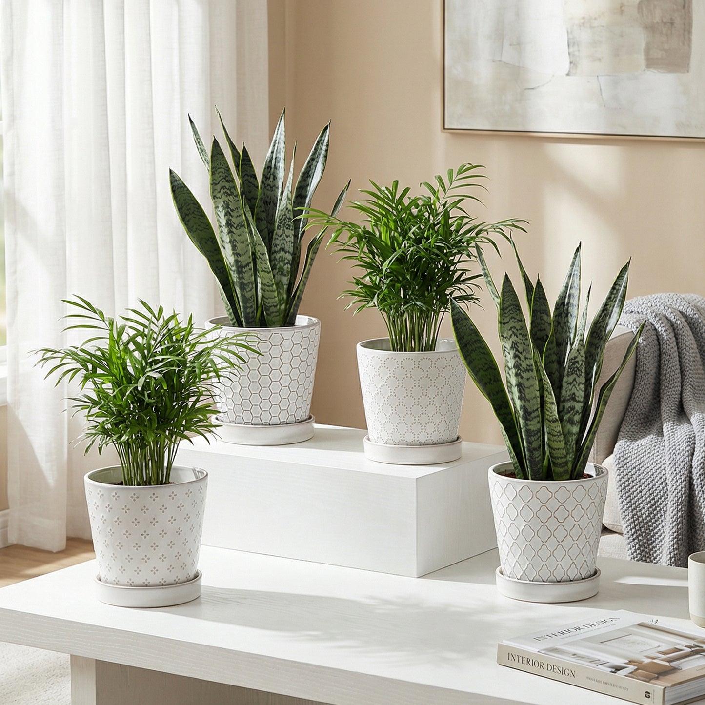 BUYMAX 5" Ceramic Indoor Plant Pots with Drainage & Tray | Relief Design, Set of 4