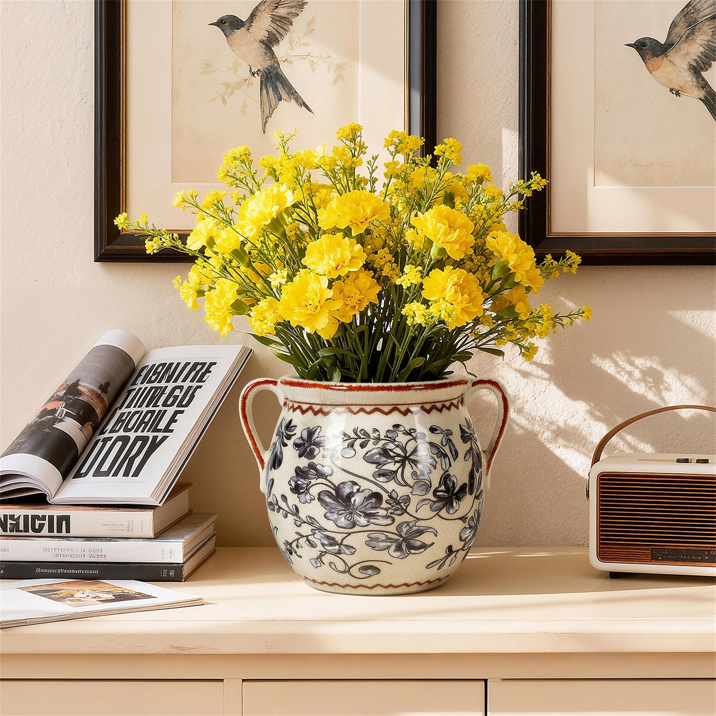 BUYMAX Slate Gray Retro Planter with Handles, Ceramic Flower Pot with Drainage Hole, Modern Vintage Indoor Outdoor Decorative Pot
