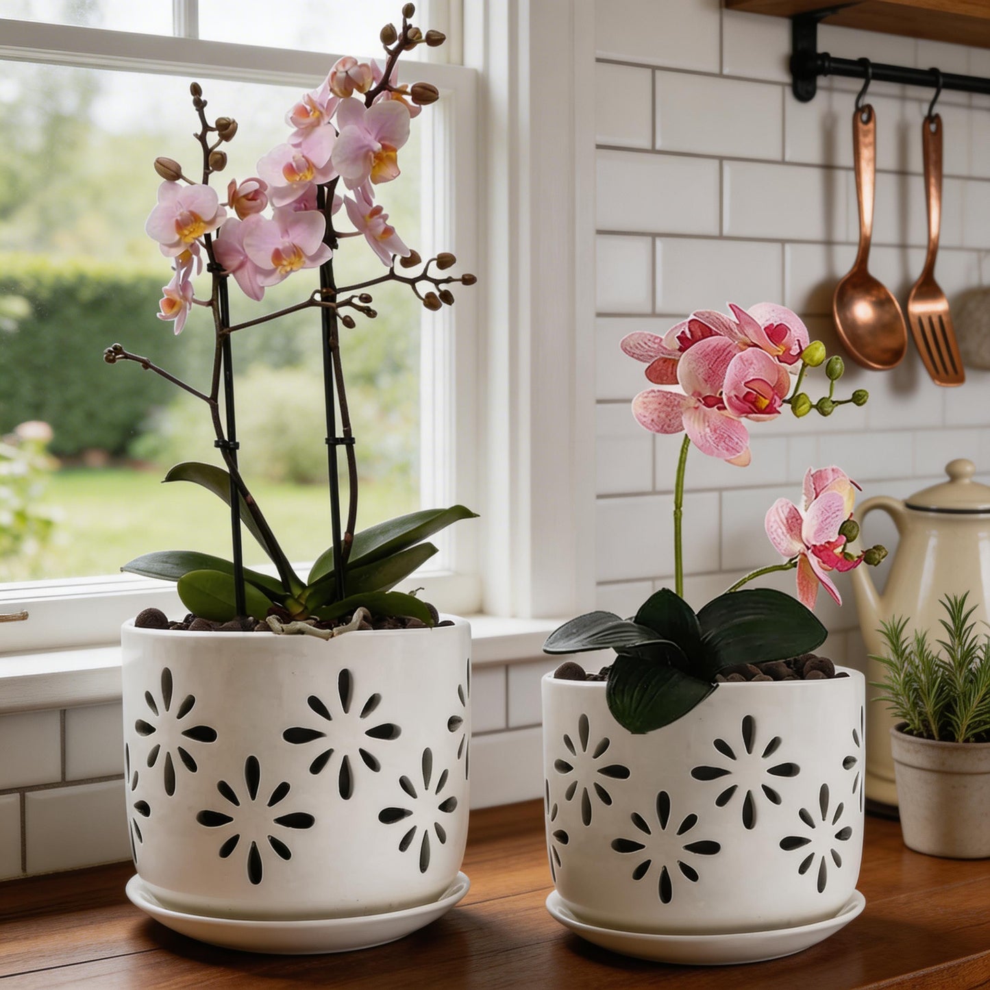 BUYMAX Small Orchid Pots with Holes 5+6 Inch | 2-Pack Breathable Slotted Ceramic Planter, White