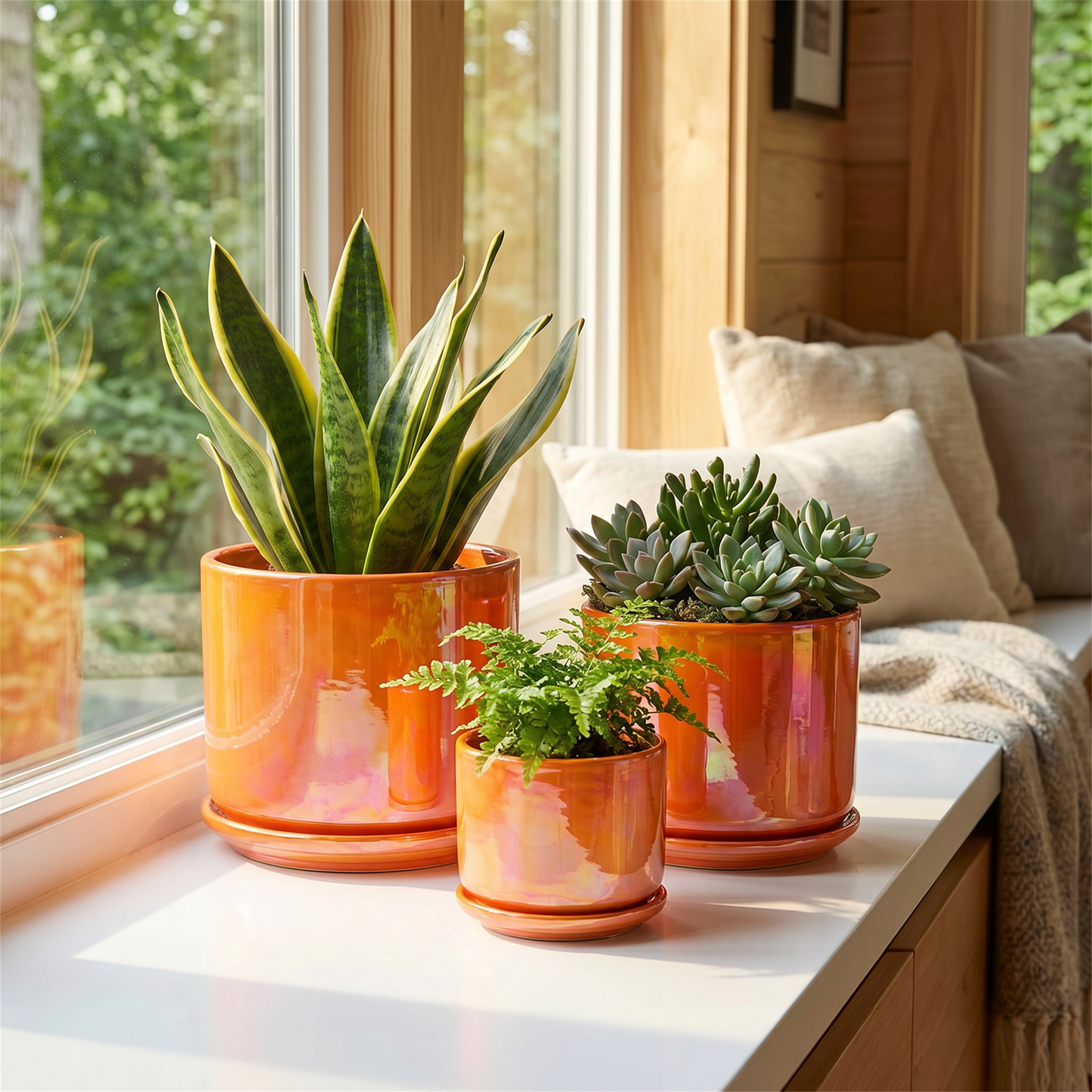BUYMAX Plant Pots, 4+5+6 inch Pots for Indoor Plants,Ceramic Planter Pot with Drainage Hole,Flower Pots for Succulent Cactus,Set of 3 - Rainbow Pearl Glaze Orange