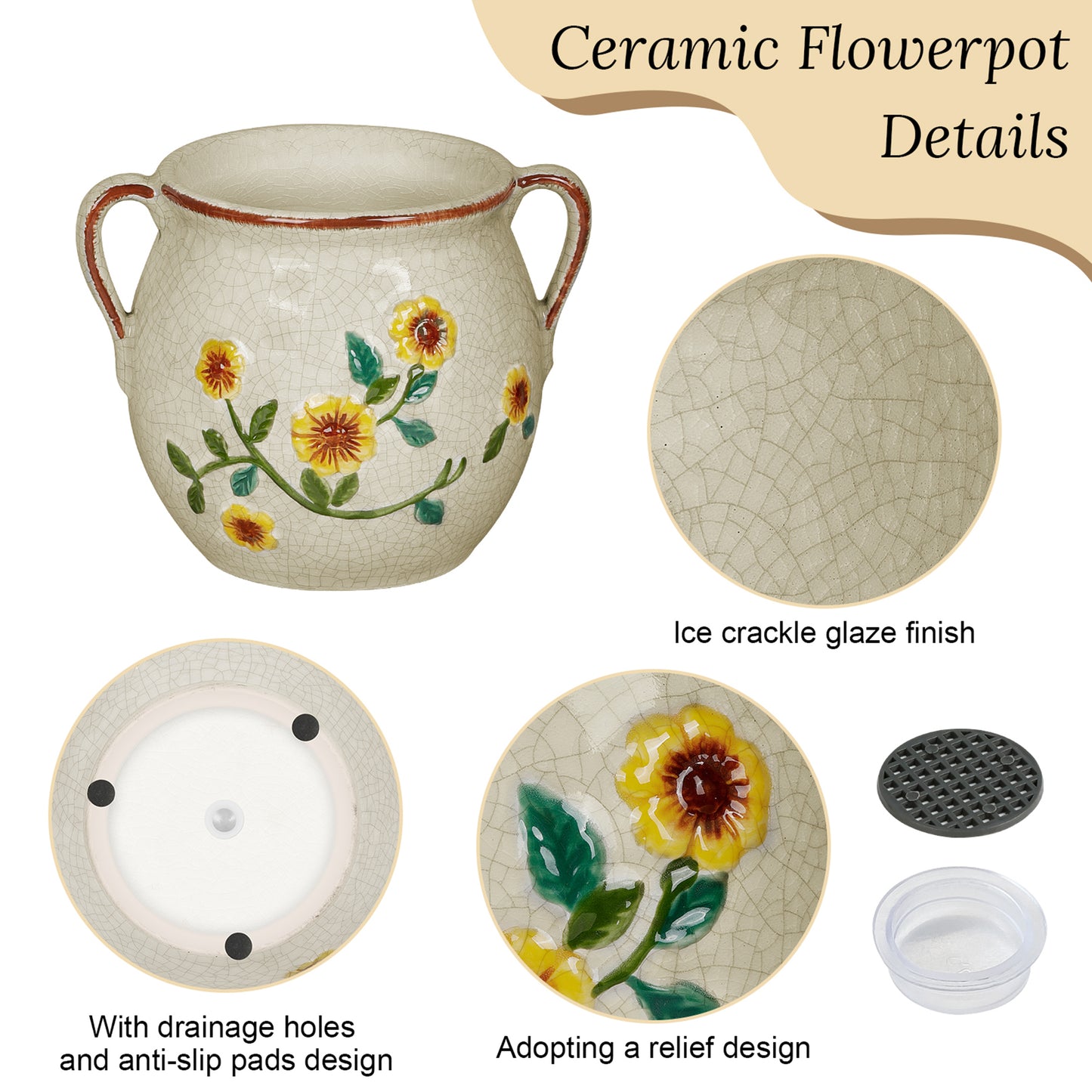 EFISPSS 6" Vintage Ceramic Flower Pot with Relief Design & Handles