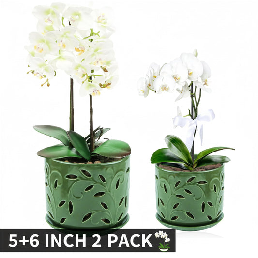 BUYMAX 5+6 inch Orchid Pot with Holes,Ceramic Plant Pots with Drainage Holes and Tray, Promoting Air Circulation and Drainage, Indoor/Outdoor Green Flower Pots