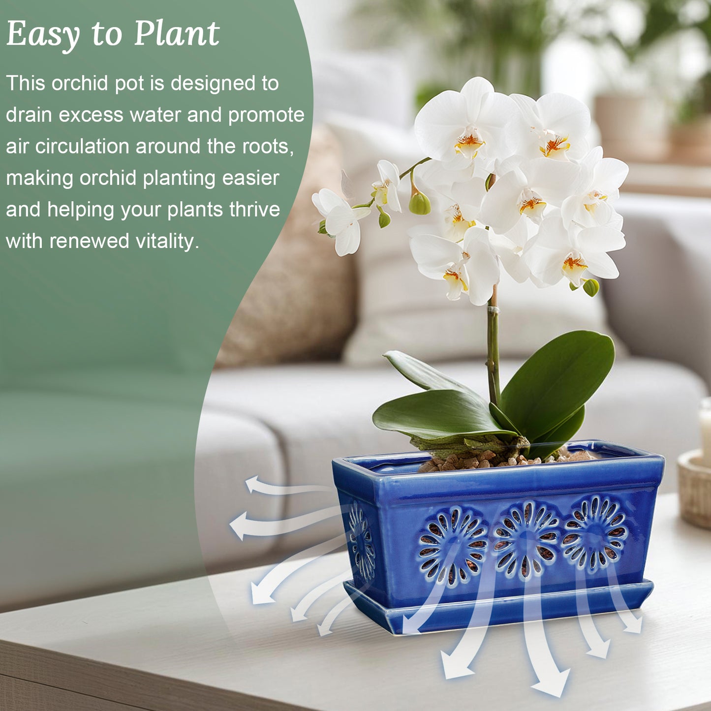 Ceramic Orchid Pot, 10 Inch Orchid Pots with Holes, Premium Thickened Handmade Glazed Pot for Orchidaceae Plants, Indoor Outdoor Decorative Flower Pots for Easy Repotting