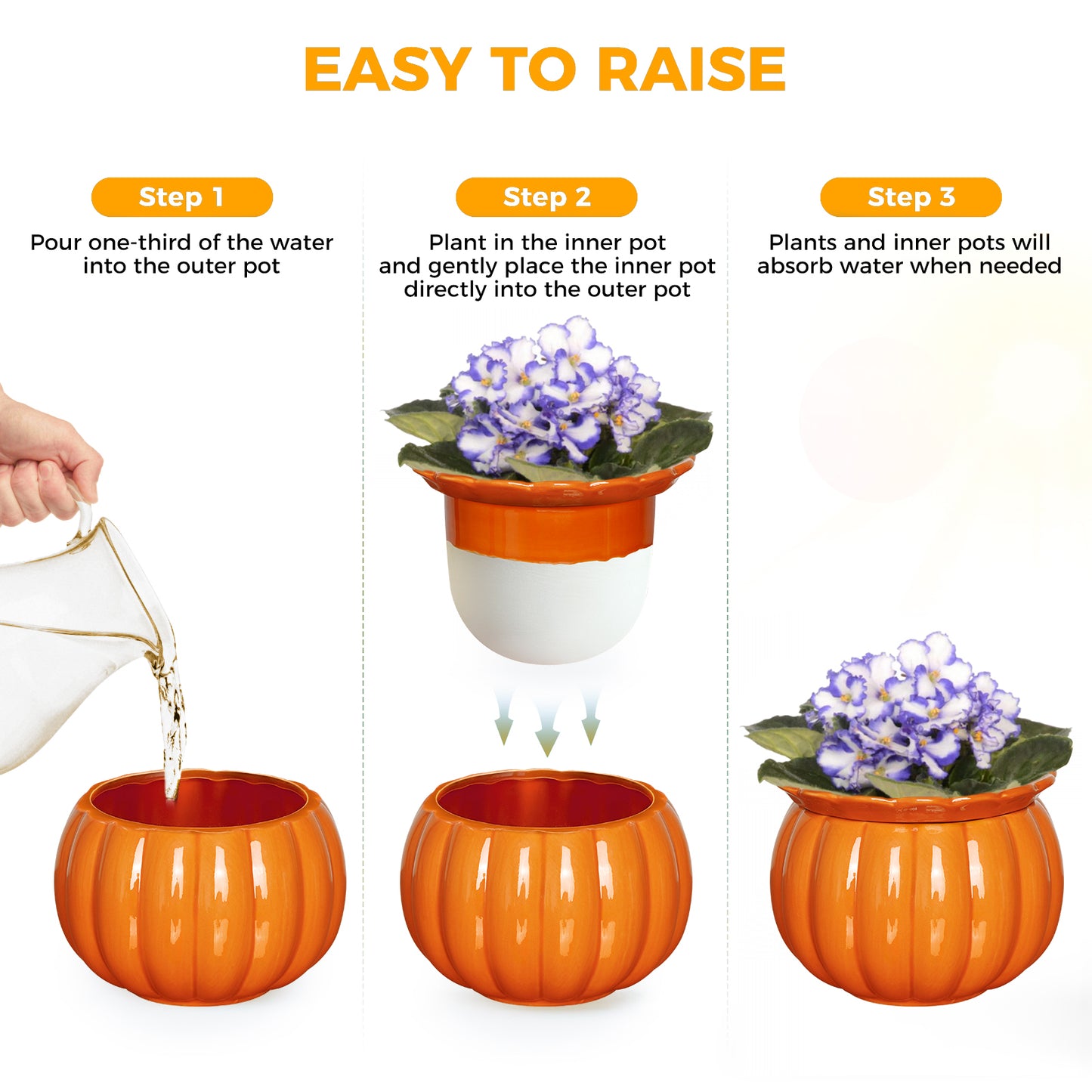 EFISPSS Pumpkin Shaped Orange Ceramic Self-Watering Pot | Cute Decorative Indoor Plant Container