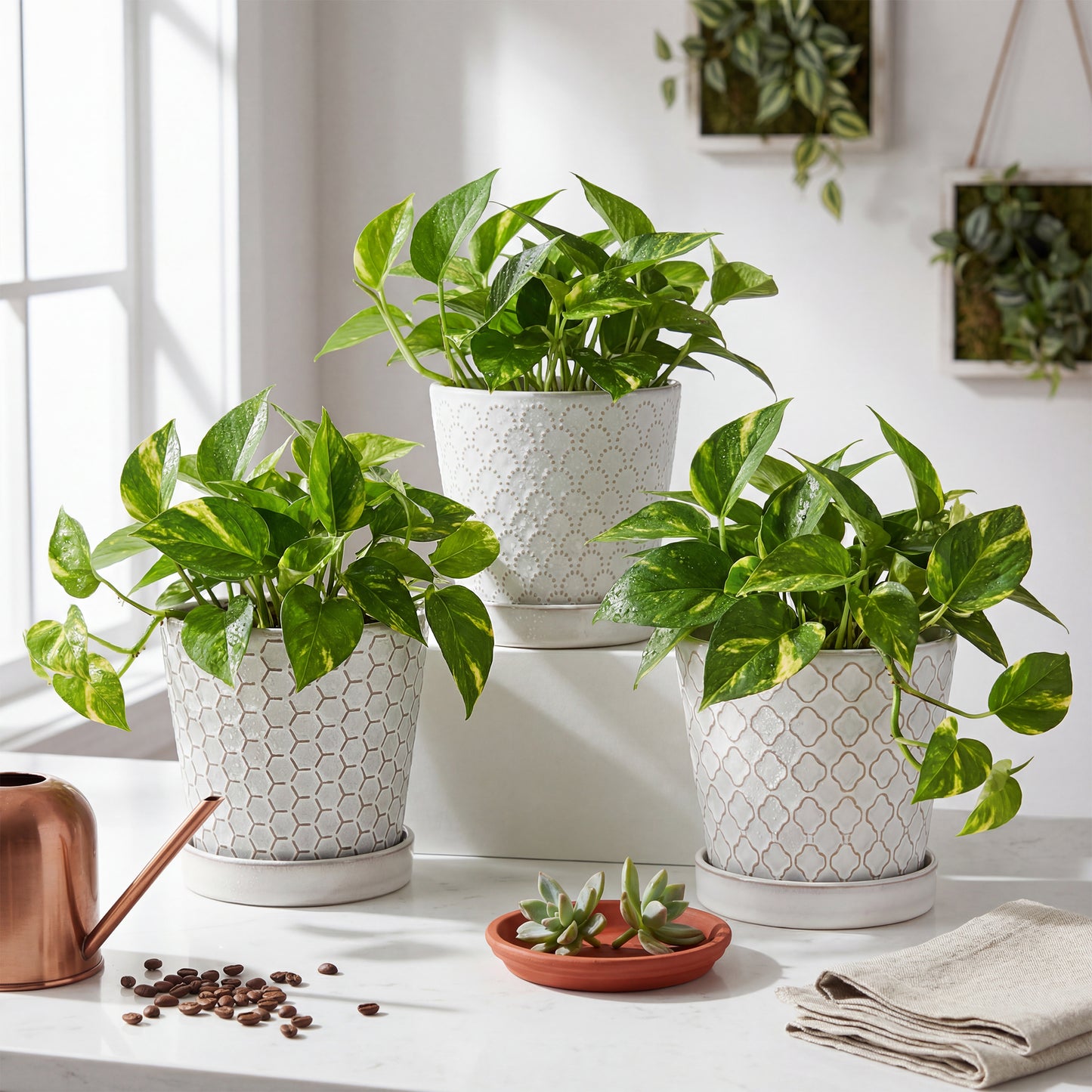 BUYMAX 5" Ceramic Indoor Plant Pots with Drainage & Tray | Relief Design, Set of 4