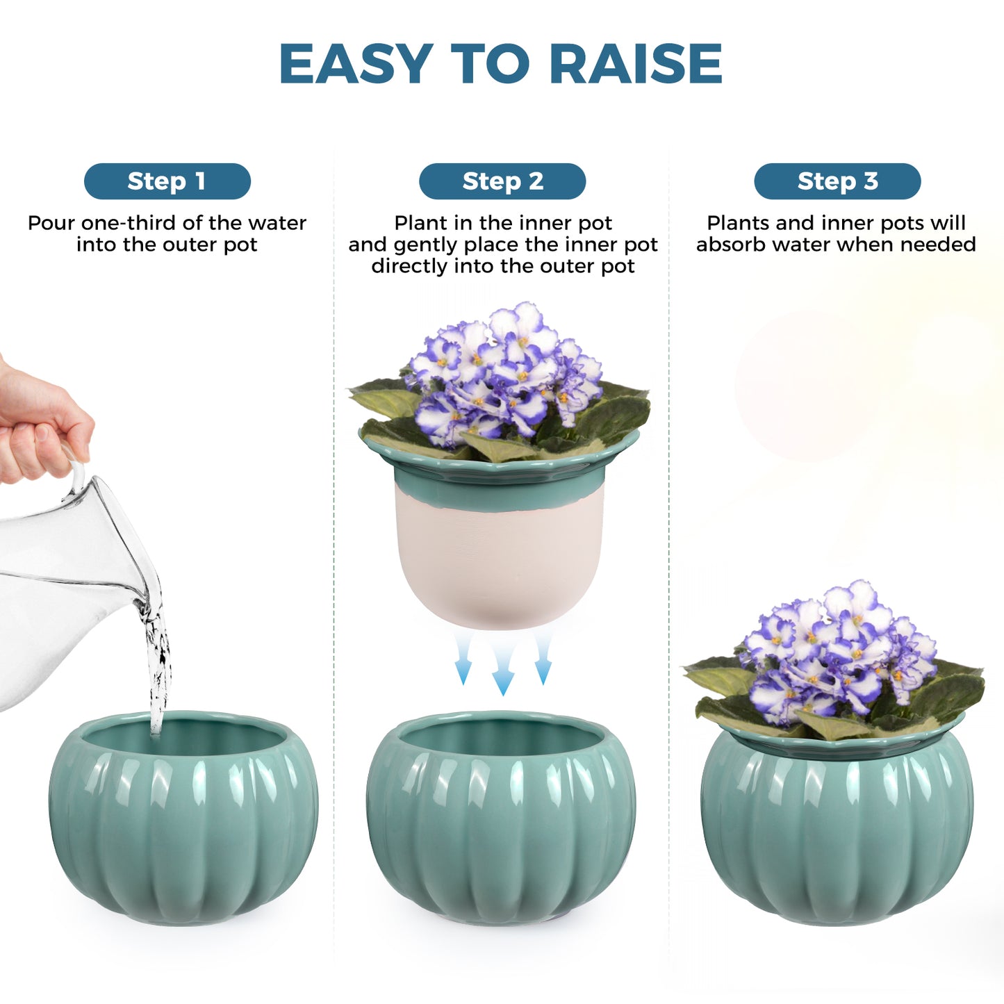 EFISPSS 6 Inch Pumpkin Shaped Sage Green Ceramic Self-Watering Pot | Ribbed Textured Indoor Planter