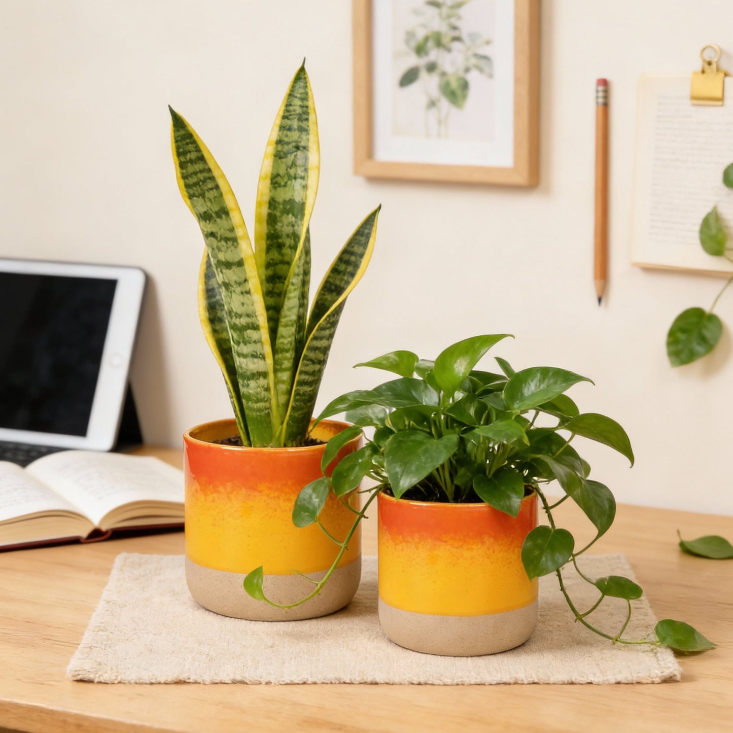 EFISPSS Ceramic Plant Pots 5" & 6", Set of 2 in Orange and Red, Indoor Flower Pots with Drainage for Succulents, Herbs, Home and Garden Decor