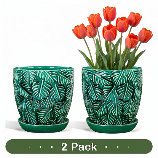 Ceramic Plant Pots, 6 inch Indoor Plant pots with Drainage Hole and Saucer, Flower Pots, Set of 2, Leaf Embossed Glaze