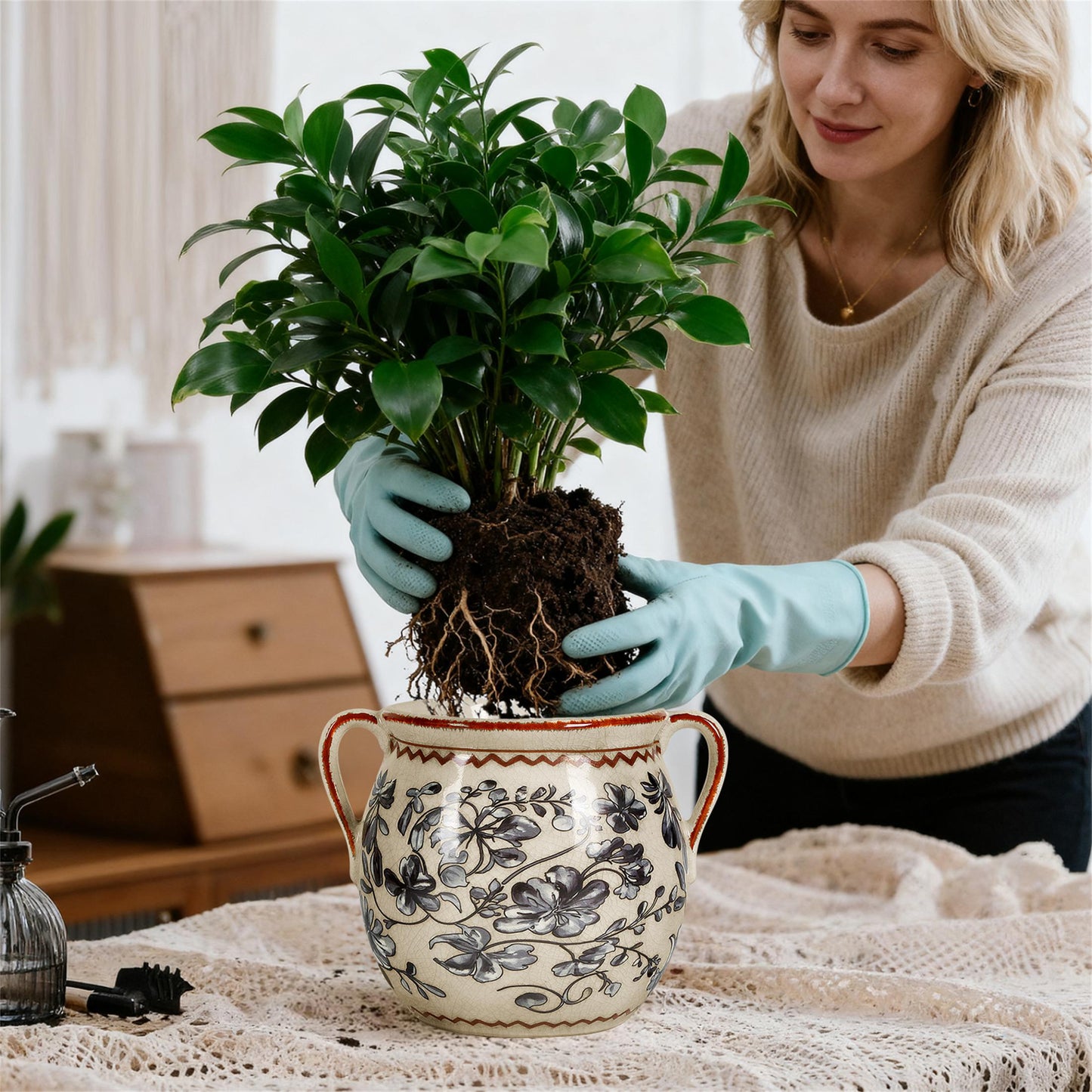 BUYMAX Slate Gray Retro Planter with Handles, Ceramic Flower Pot with Drainage Hole, Modern Vintage Indoor Outdoor Decorative Pot