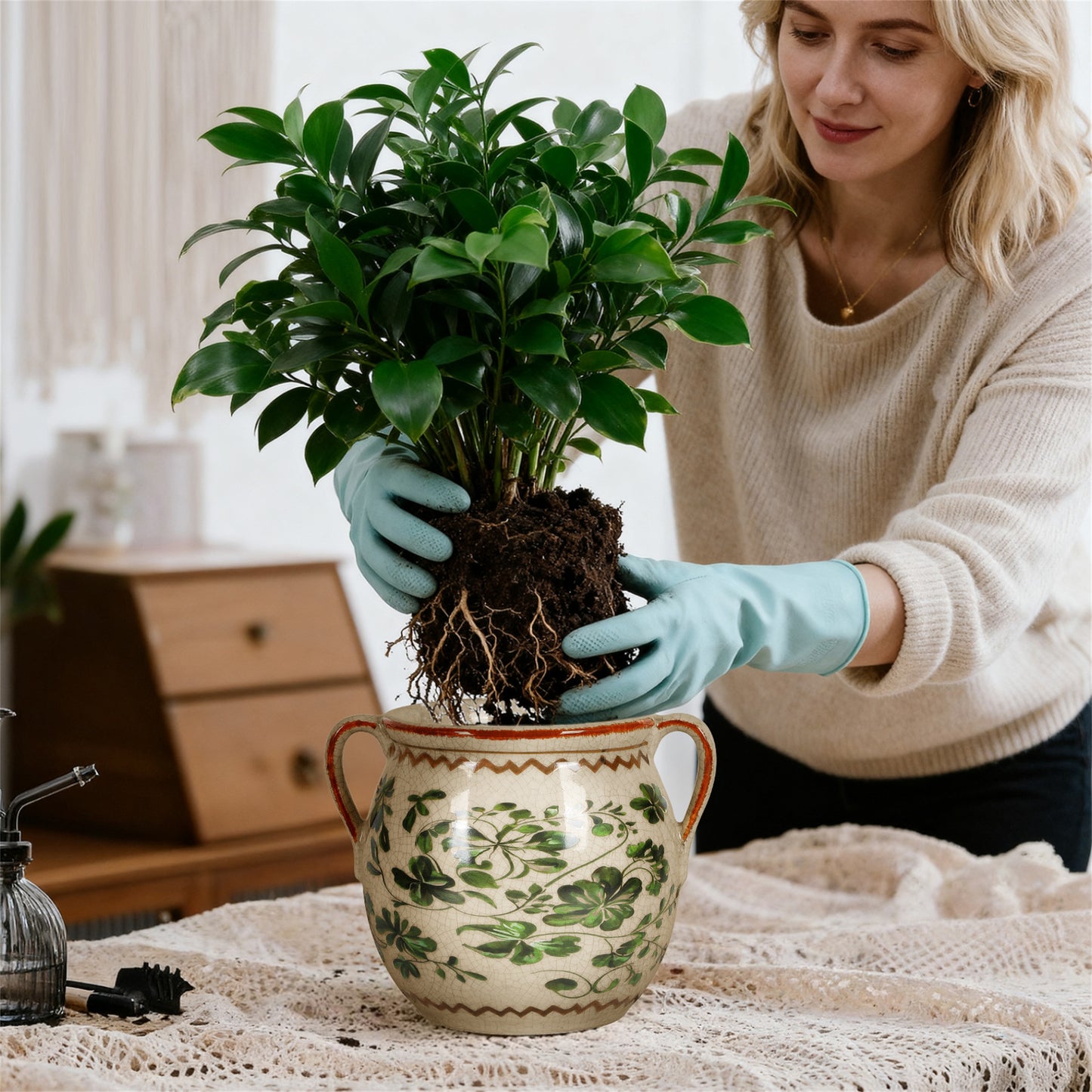 BUYMAX Sage Green Ceramic Plant Pot, Vintage Two-Handle Flower Pot with Drainage Hole for Herbs & Succulents, Indoor Outdoor Farmhouse Decor