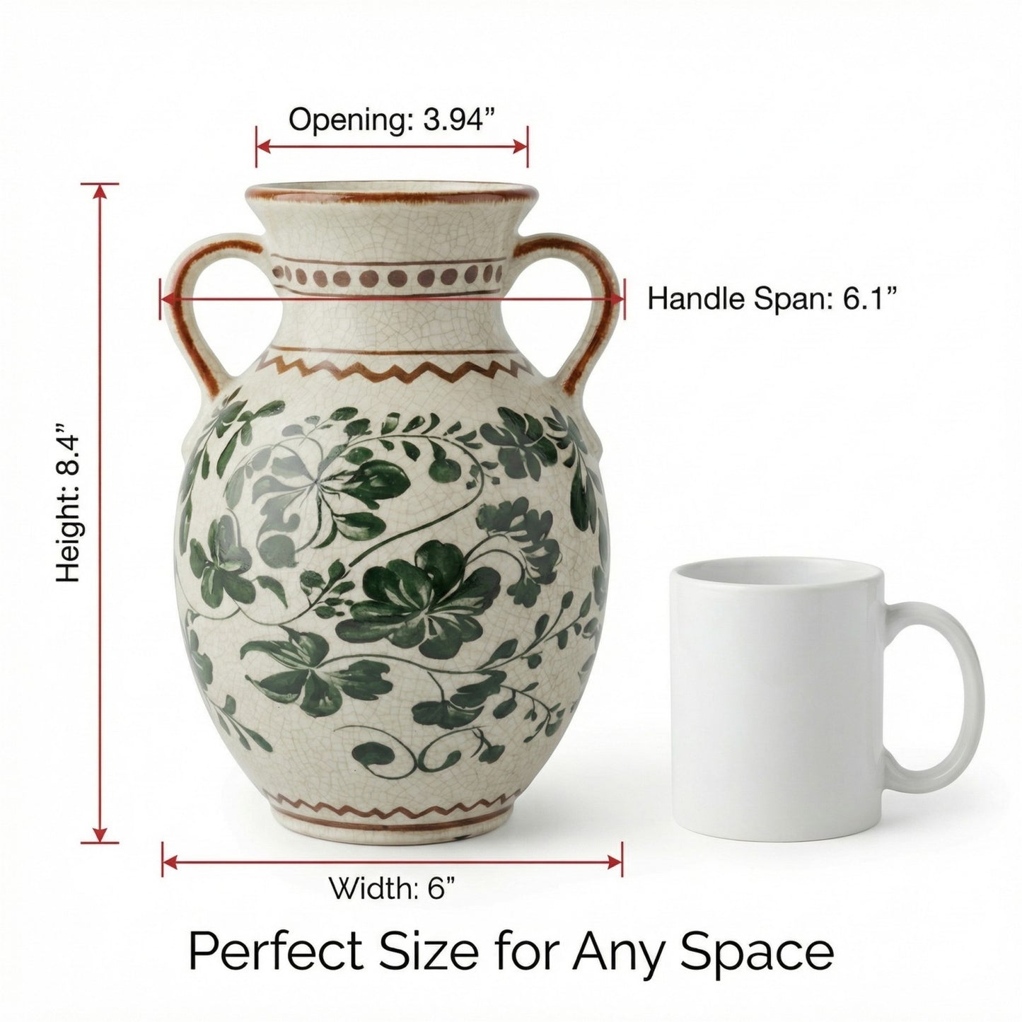 BUYMAX Sage Green Decorative Vase, Vintage Handle Vase for Pampas Grass, Ceramic Table Vase Centerpiece