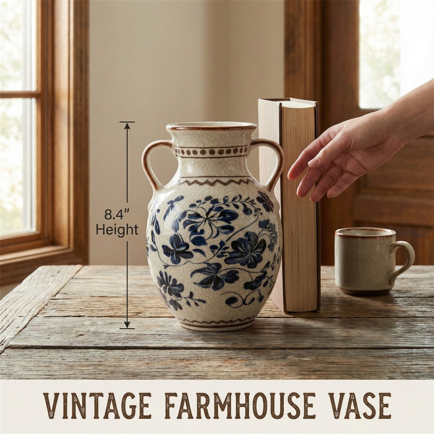BUYMAX Light Blue Ceramic Vase, Vintage Two-Handle Vase for Flower Arrangements, Farmhouse Table Centerpiece, Decorative Vase for Dried or Fresh Flowers