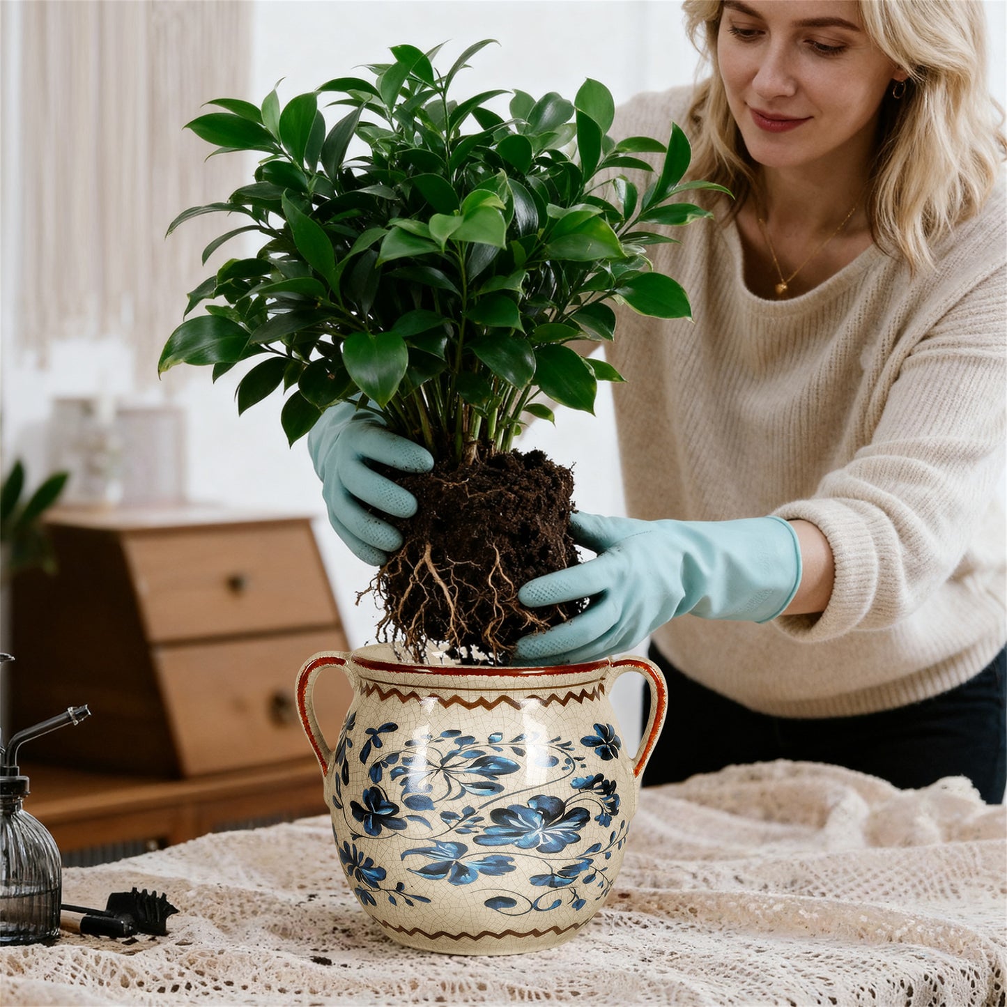 BUYMAX Vintage Blue Ceramic Flower Pot with Handles | Drainage Hole, Indoor Outdoor Farmhouse Decor