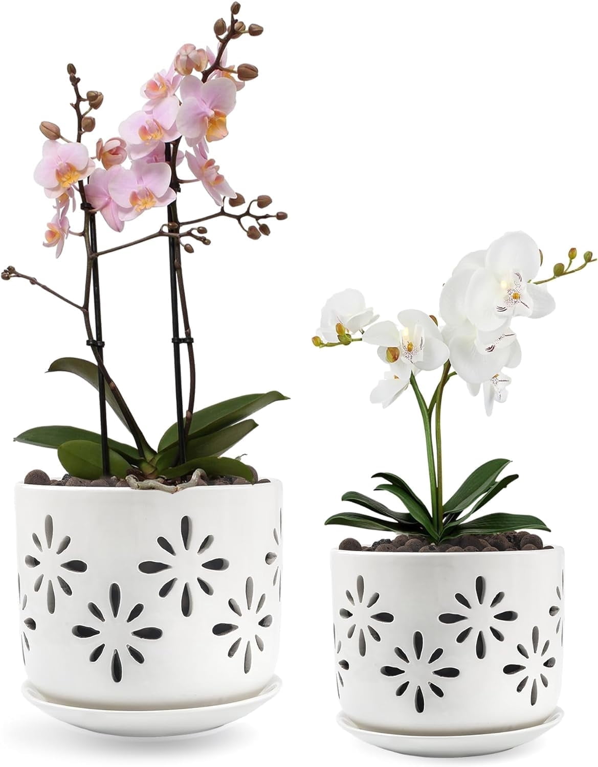 BUYMAX Small Orchid Pots with Holes 5+6 Inch | 2-Pack Breathable Slotted Ceramic Planter, White