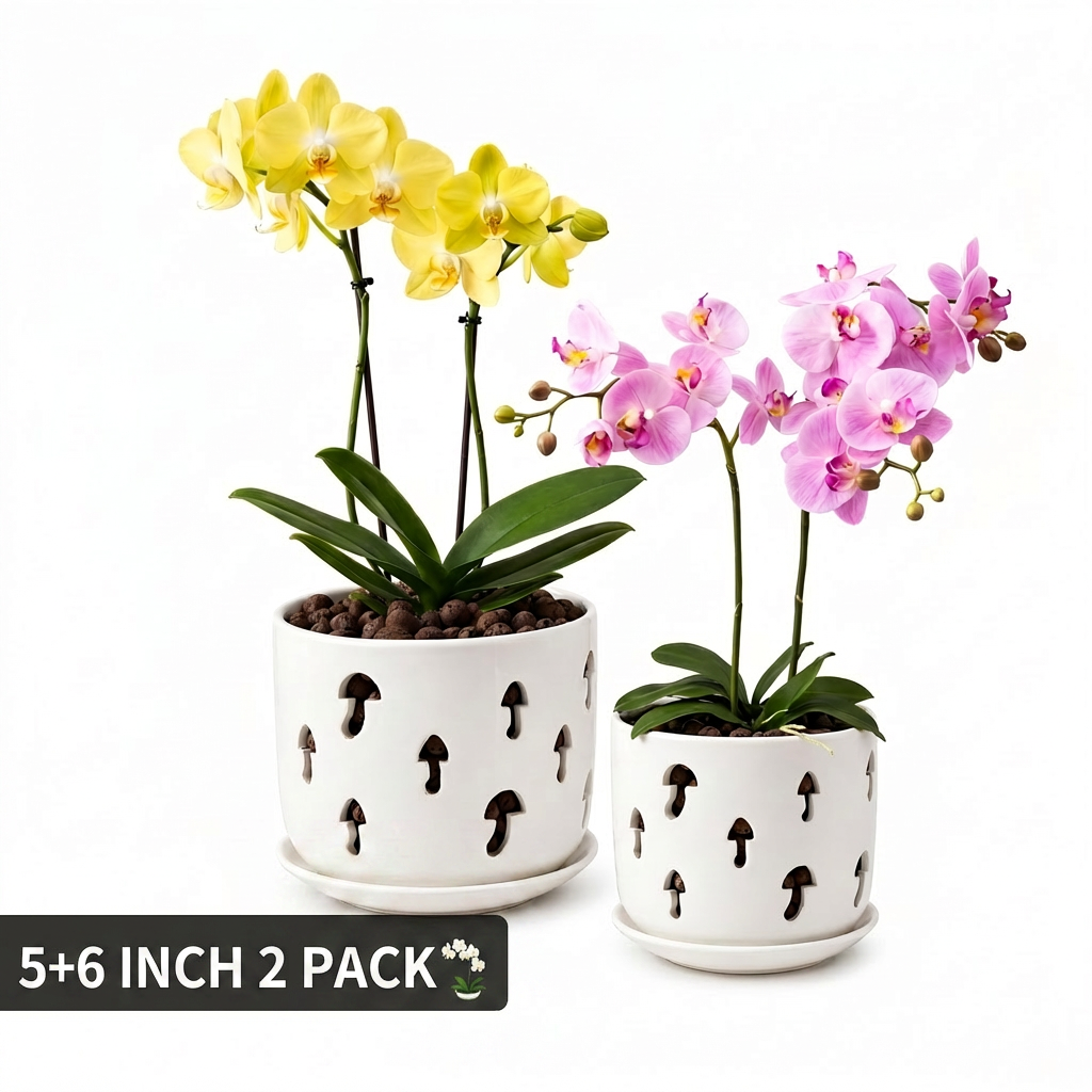 BUYMAX Small Orchid Pots with Holes 5 inch & 6 inch, Ceramic Orchid Pots for Repotting, 2 Pack Breathable Slotted Orchids Planter,
