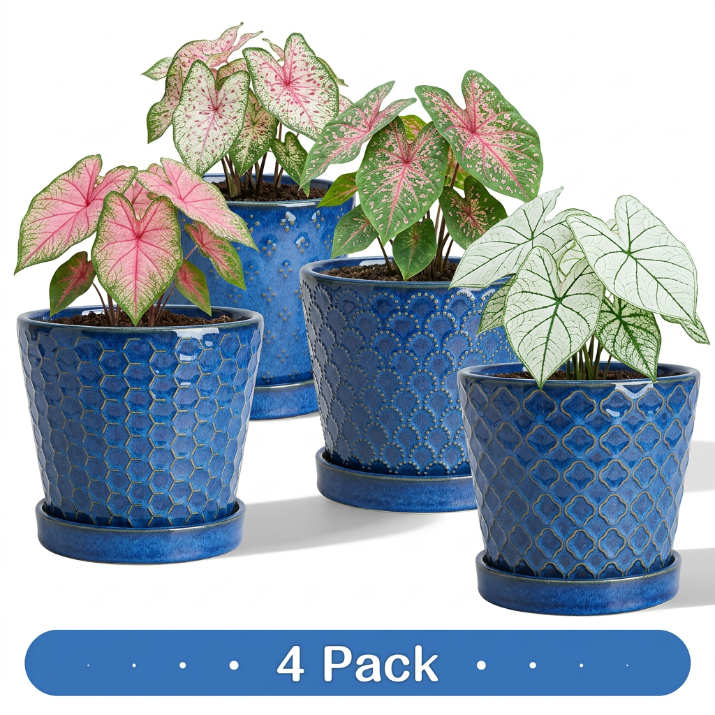 EFISPSS 5 Inch White Ceramic Plant Pots with Drainage Holes & Tray, Relief Design, Set of 4 – Indoor Flower Pots for Desktop, Office & Windowsill