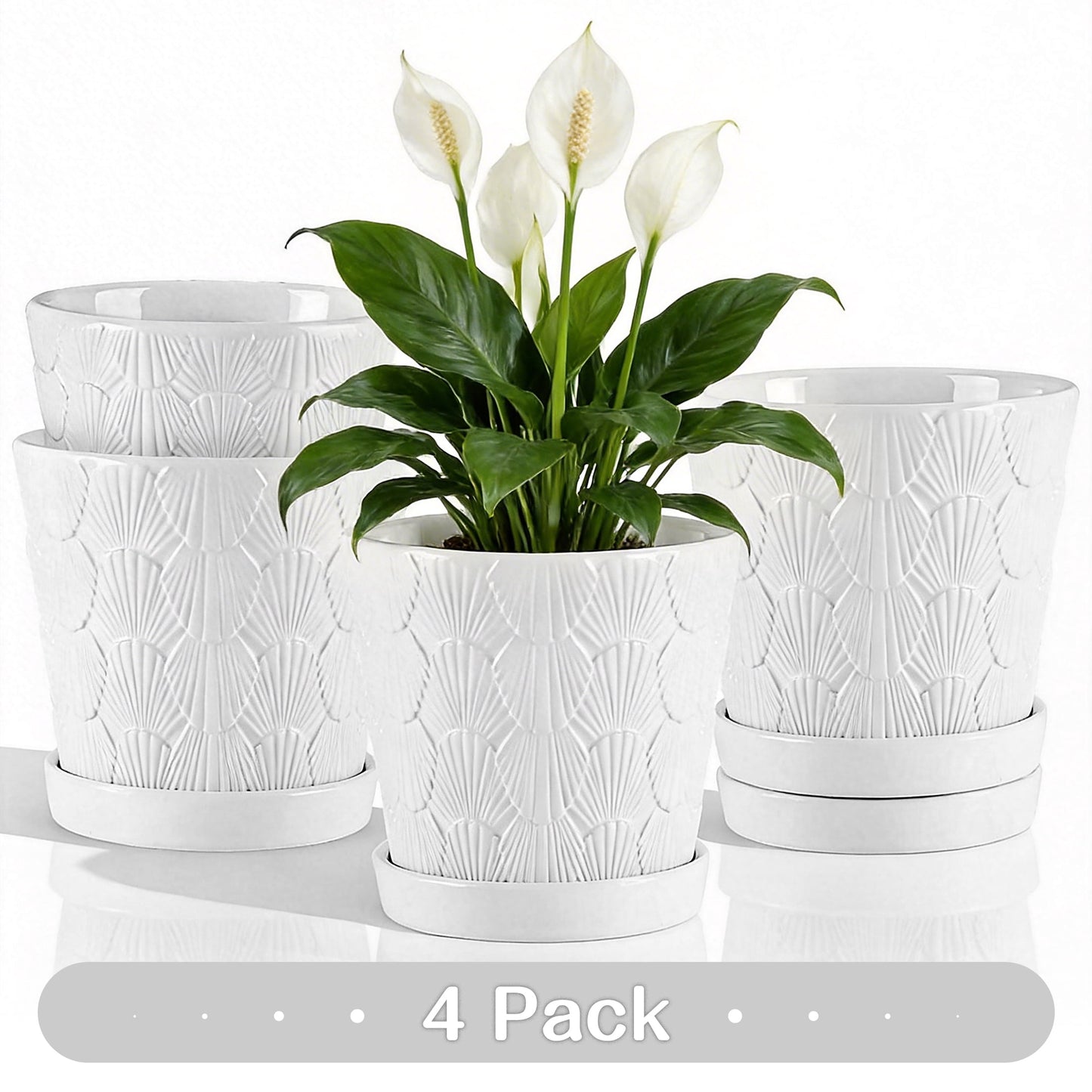 BUYMAX  Shell-Embossed 5" Ceramic Plant Pots with Drainage, White Indoor Flower Pots,Bathroom Decor,Set of 4