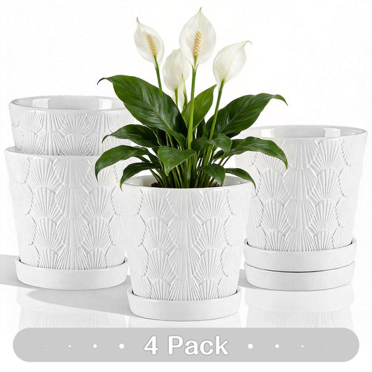BUYMAX  Shell-Embossed 5" Ceramic Plant Pots with Drainage, White Indoor Flower Pots,Bathroom Decor,Set of 4