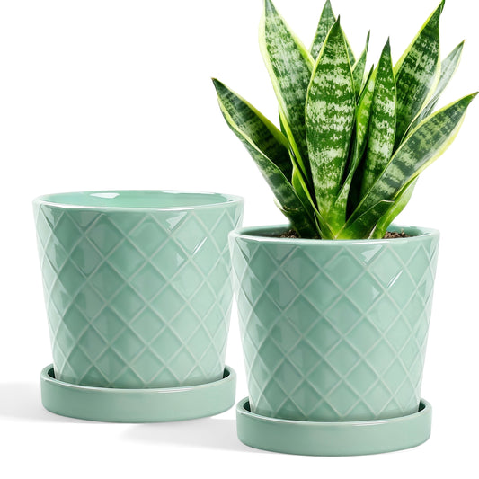 BUYMAX Plant Pots Indoor ¨C6 inch Ceramic Flower Pot with Drainage Hole and Ceramic Tray - Gardening Home Desktop Office Windowsill Decoration, Set of 2(Green)Same pattern