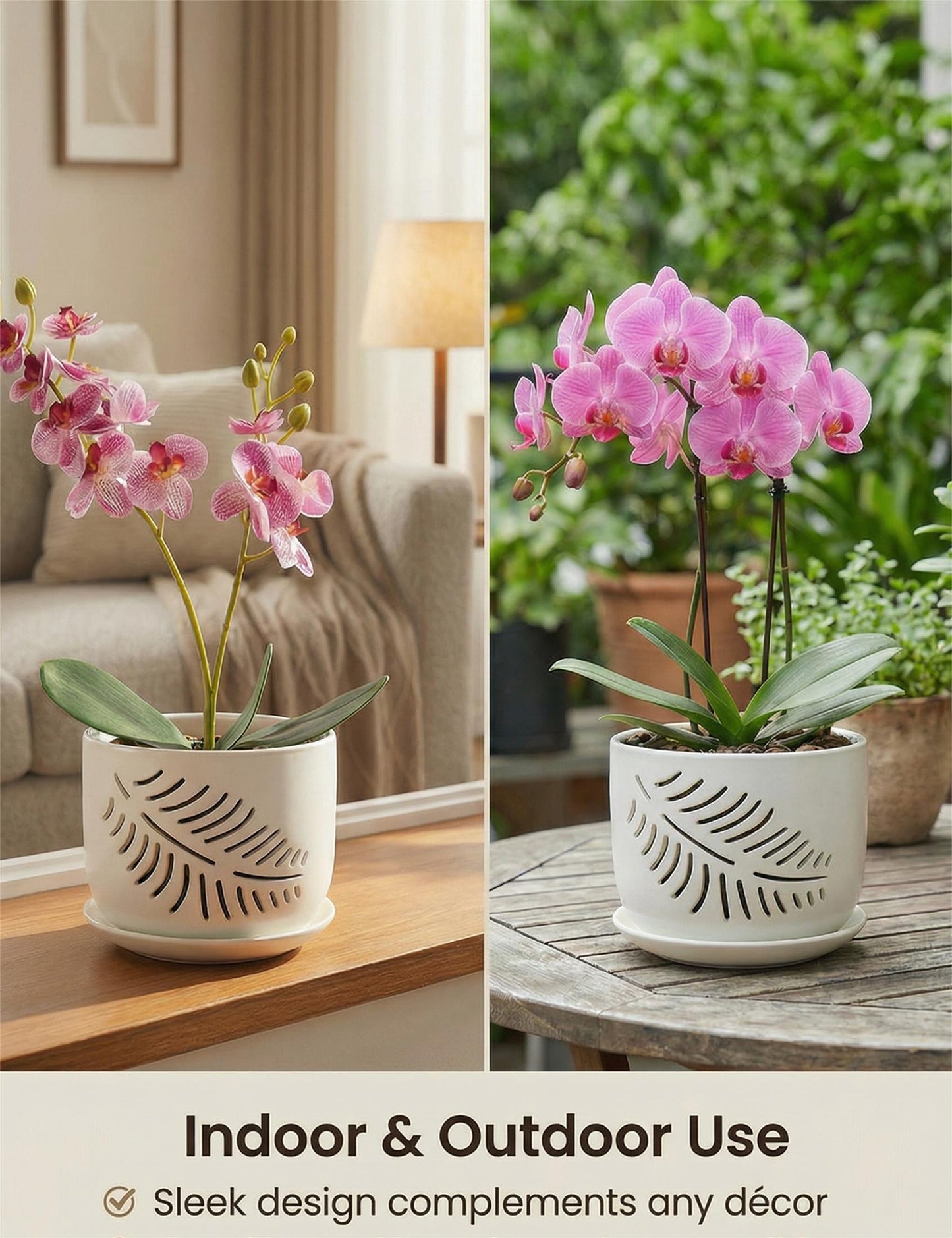 EFISPSS 5+6 Inch White Ceramic Orchid Pots with Drainage Holes & Tray | Promotes Air Circulation, Indoor Outdoor