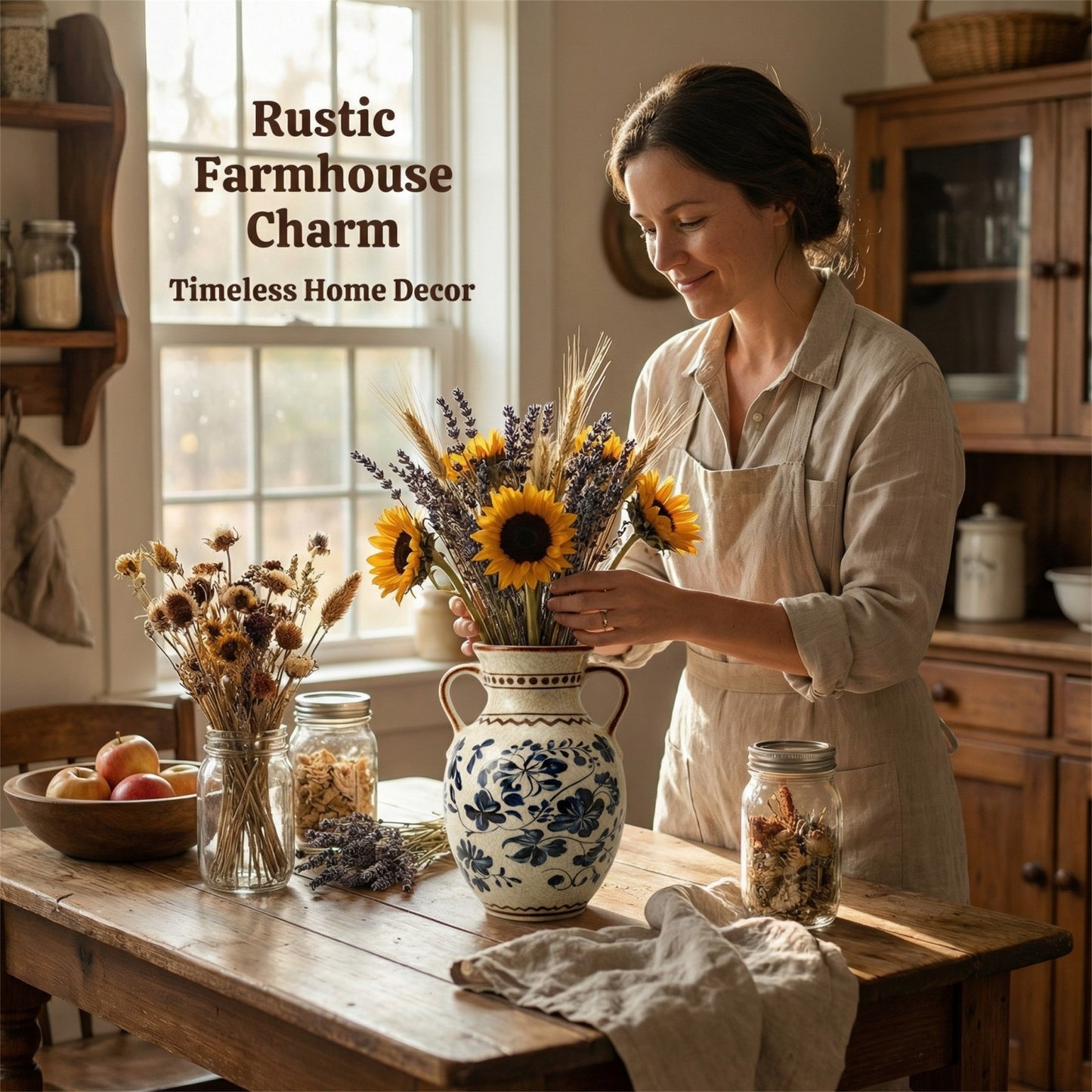 BUYMAX Light Blue Ceramic Vase, Vintage Two-Handle Vase for Flower Arrangements, Farmhouse Table Centerpiece, Decorative Vase for Dried or Fresh Flowers