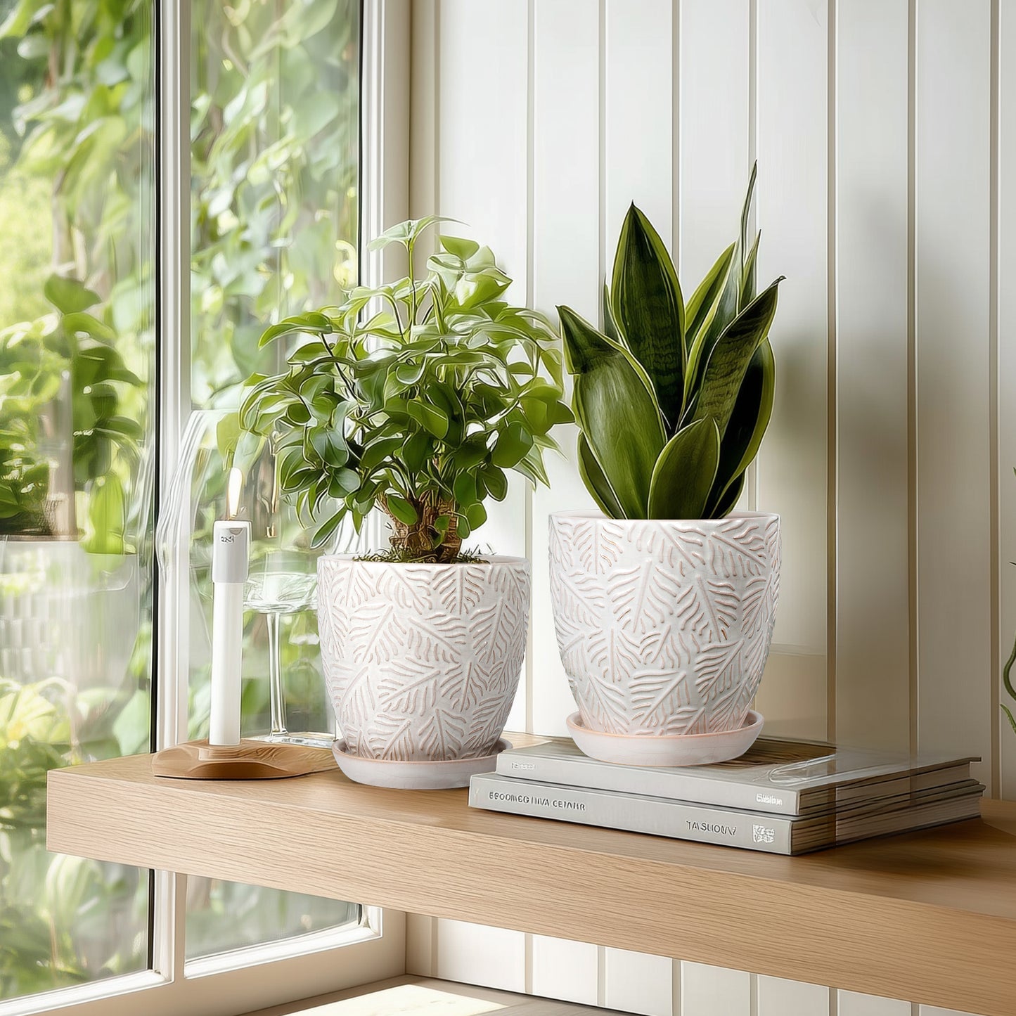Ceramic Plant Pots, 6 inch Indoor Plant pots with Drainage Hole and Saucer, Flower Pots, Set of 2, Leaf Embossed Glaze