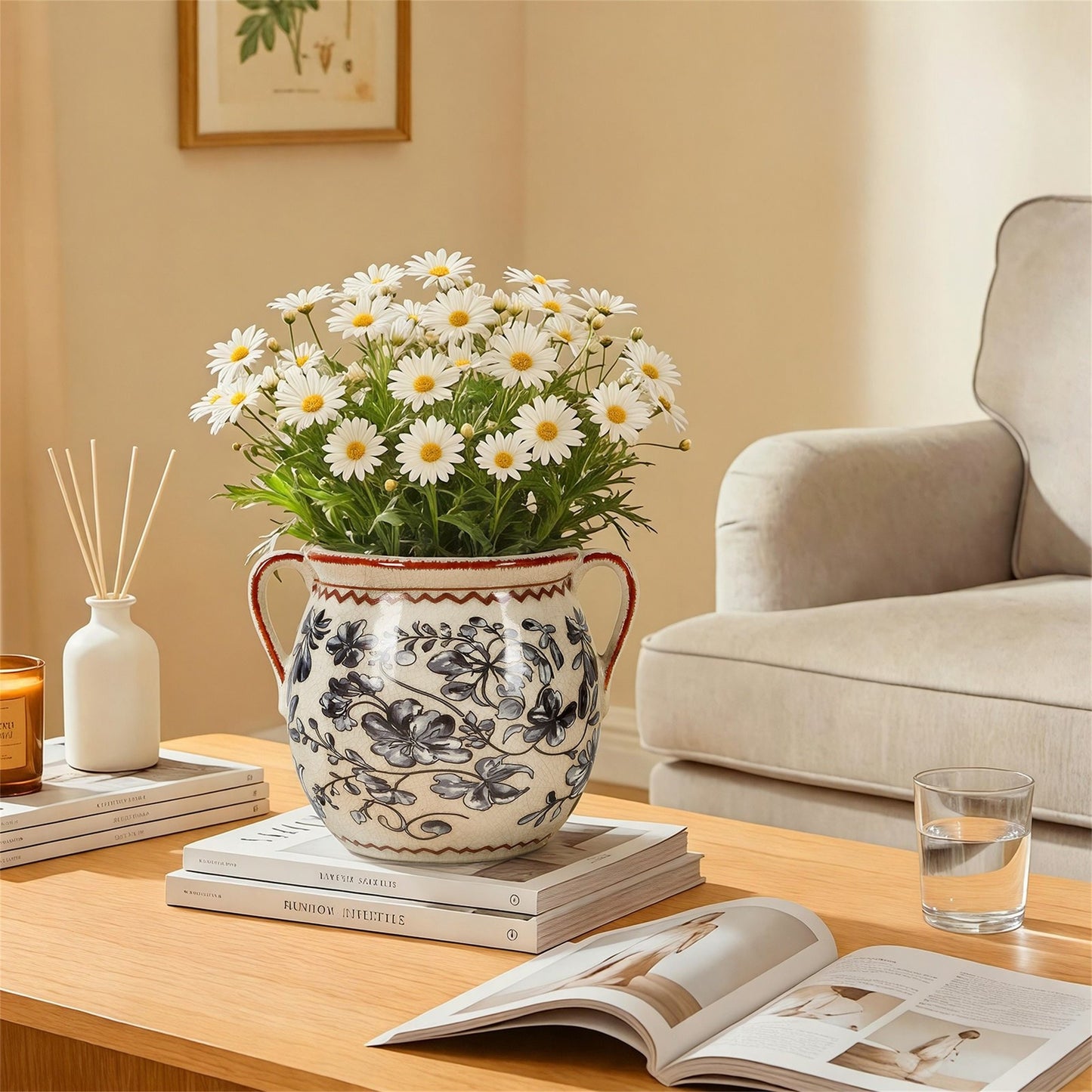BUYMAX Slate Gray Retro Planter with Handles, Ceramic Flower Pot with Drainage Hole, Modern Vintage Indoor Outdoor Decorative Pot