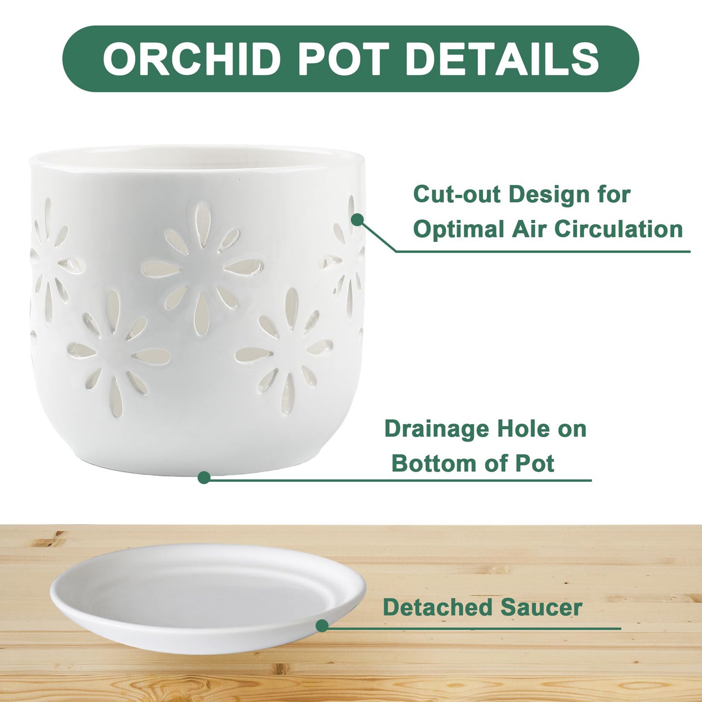 BUYMAX Small Orchid Pots with Holes 5+6 Inch | 2-Pack Breathable Slotted Ceramic Planter, White
