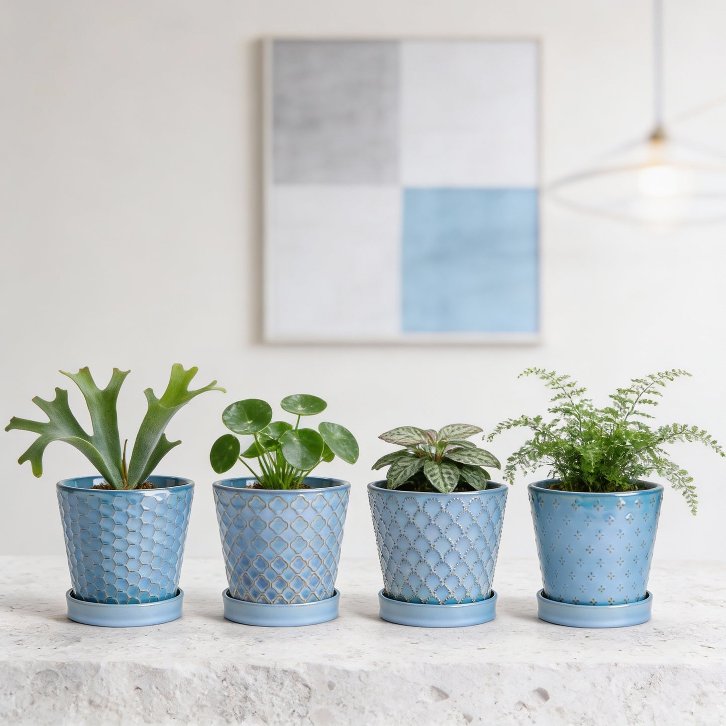 BUYMAX 5" Ceramic Indoor Plant Pots with Drainage & Tray | Relief Design, Set of 4