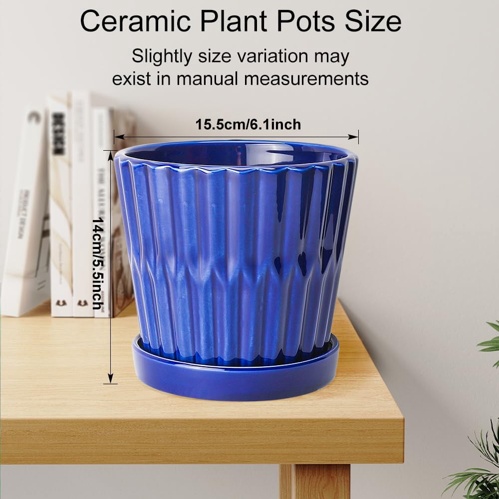 EFISPSS 6 Inch Pots for Indoor Plants, Ceramic Plant Pots, Planters with Drainage Hole and Saucer, Flower Pots Desktop Office Windowsill Decoration Gift Set of 2 - Blue