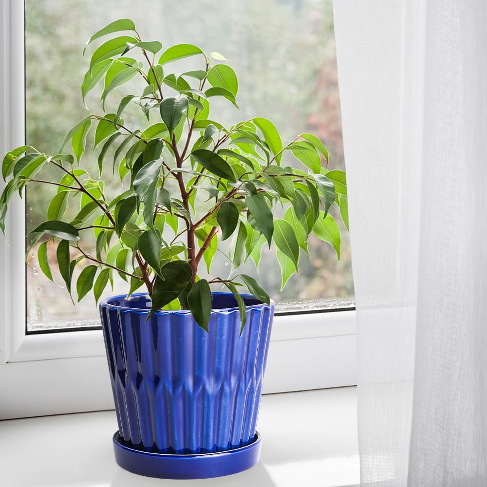 EFISPSS 6 Inch Pots for Indoor Plants, Ceramic Plant Pots, Planters with Drainage Hole and Saucer, Flower Pots Desktop Office Windowsill Decoration Gift Set of 2 - Blue