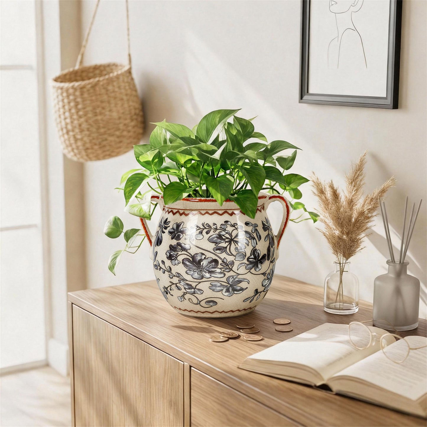 BUYMAX Slate Gray Retro Planter with Handles, Ceramic Flower Pot with Drainage Hole, Modern Vintage Indoor Outdoor Decorative Pot