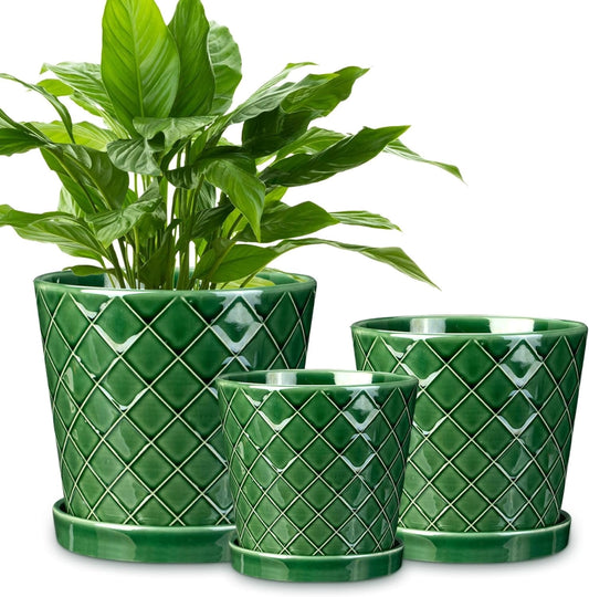 BUYMAX 4",5",6" Dia Planter Set of 3, Modern Style Ceramic Plant Pots with Drainage Hole and Tray for Indoor Outdoor Patio, Emerald Green