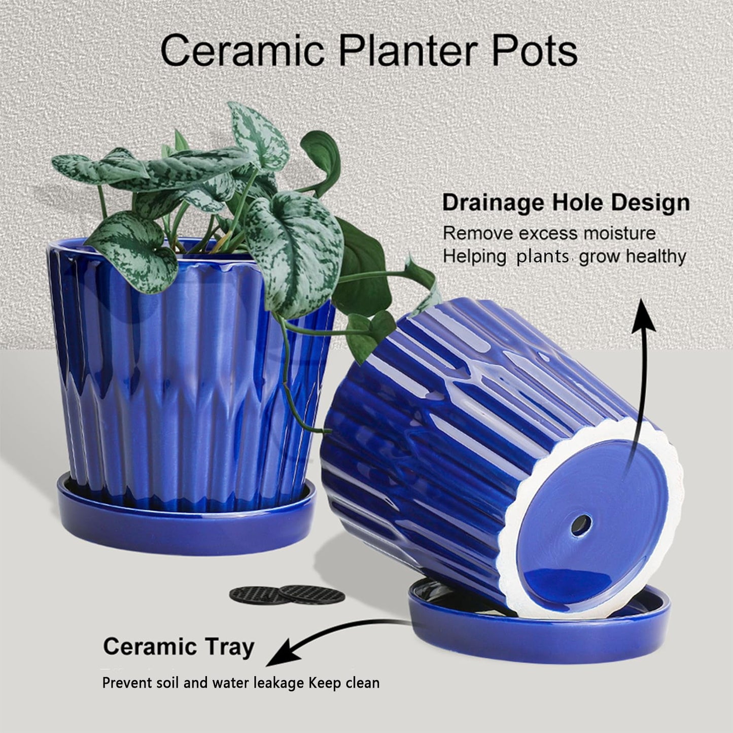 EFISPSS 6 Inch Pots for Indoor Plants, Ceramic Plant Pots, Planters with Drainage Hole and Saucer, Flower Pots Desktop Office Windowsill Decoration Gift Set of 2 - Blue