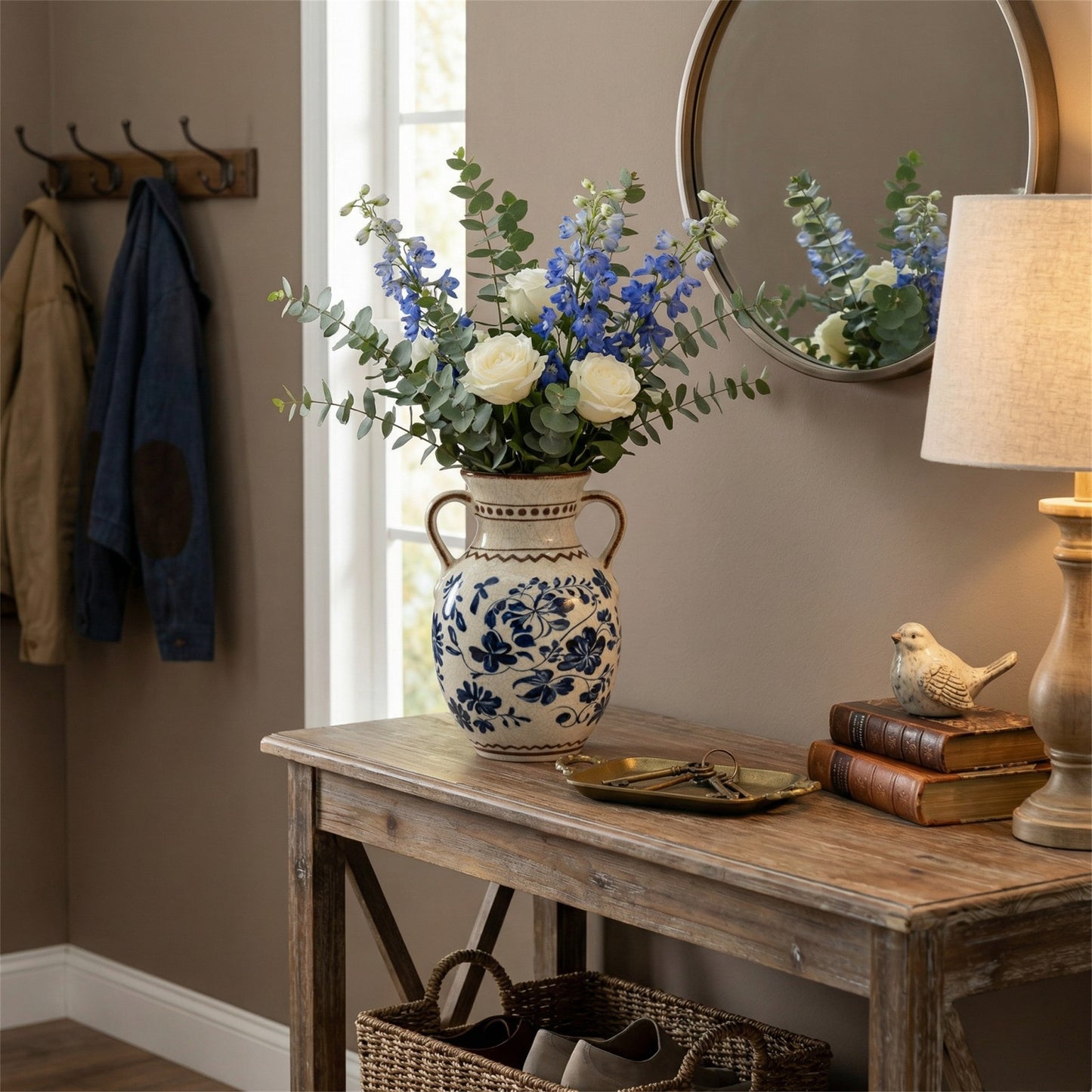 BUYMAX Light Blue Ceramic Vase, Vintage Two-Handle Vase for Flower Arrangements, Farmhouse Table Centerpiece, Decorative Vase for Dried or Fresh Flowers