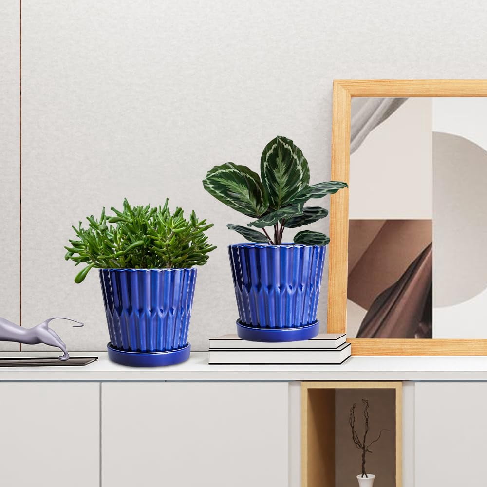 EFISPSS 6 Inch Pots for Indoor Plants, Ceramic Plant Pots, Planters with Drainage Hole and Saucer, Flower Pots Desktop Office Windowsill Decoration Gift Set of 2 - Blue