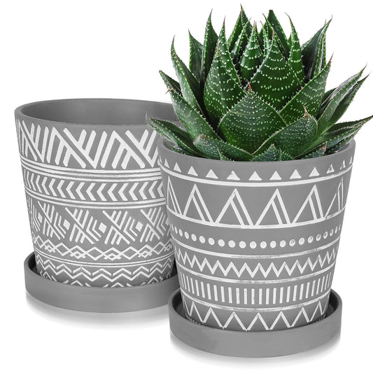 BUYMAX 6 inch Terracotta Pots with Drainage Hole & Saucer, Modern Geometric Planter Set of 2 in Cement Gray - Boho Indoor Outdoor Flower Pots