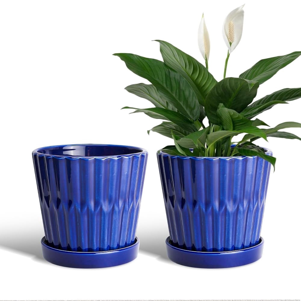 EFISPSS 6 Inch Pots for Indoor Plants, Ceramic Plant Pots, Planters with Drainage Hole and Saucer, Flower Pots Desktop Office Windowsill Decoration Gift Set of 2 - Blue