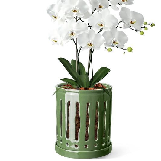 BUYMAX 6" Ceramic Orchid Pot with Slotted Drainage Holes and Tray, Patina