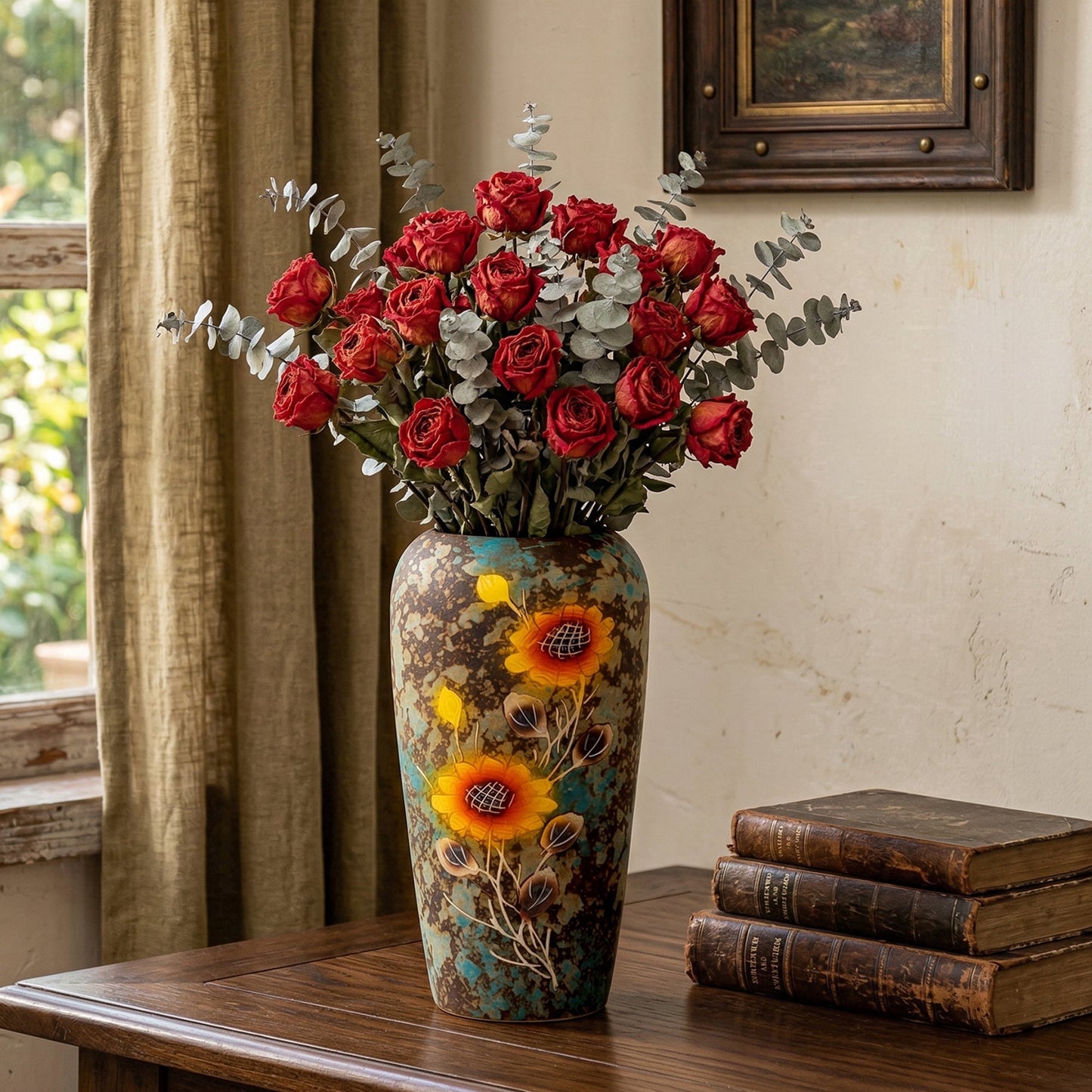 BUYMAX Ceramic Flower Vase with Drainage Hole, 13.2 Inch Large Hand-Painted Sunflower Decorative Vase, Rust Blue