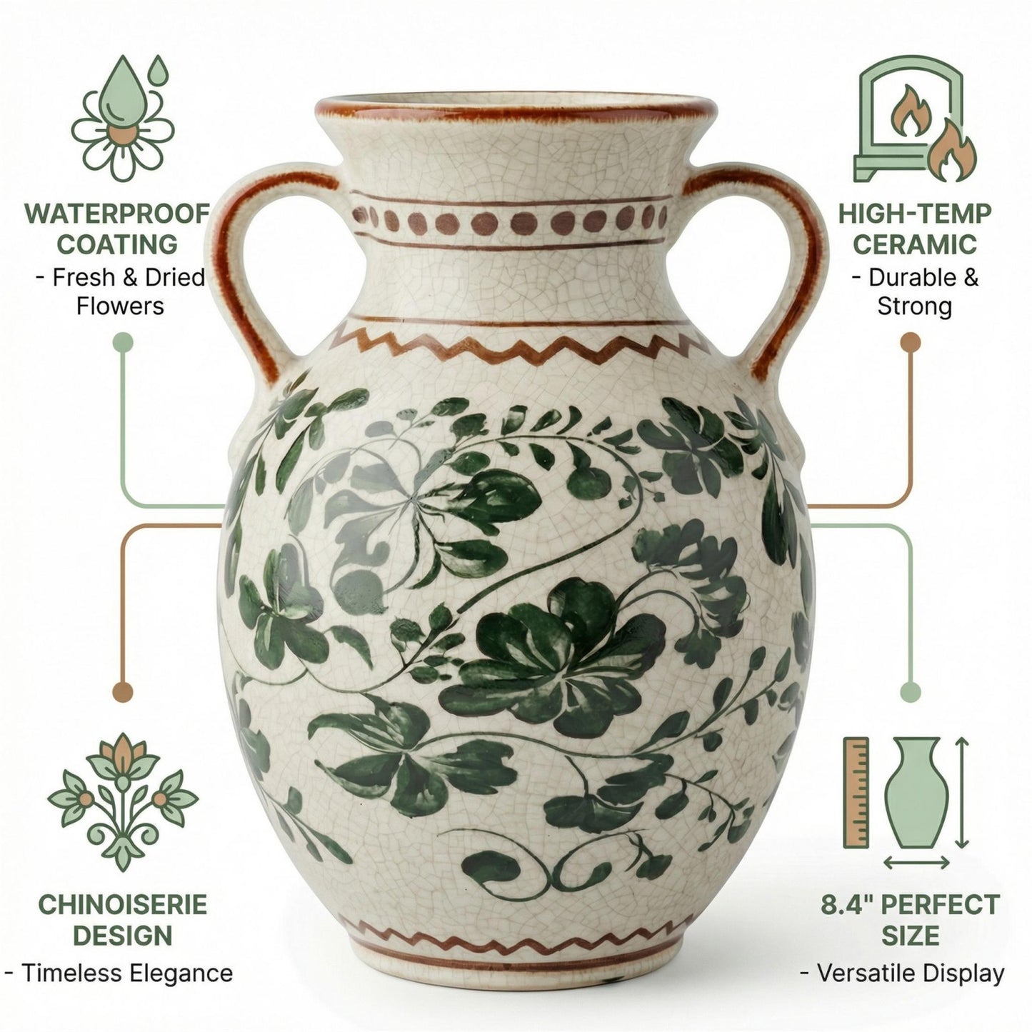 BUYMAX Sage Green Decorative Vase, Vintage Handle Vase for Pampas Grass, Ceramic Table Vase Centerpiece