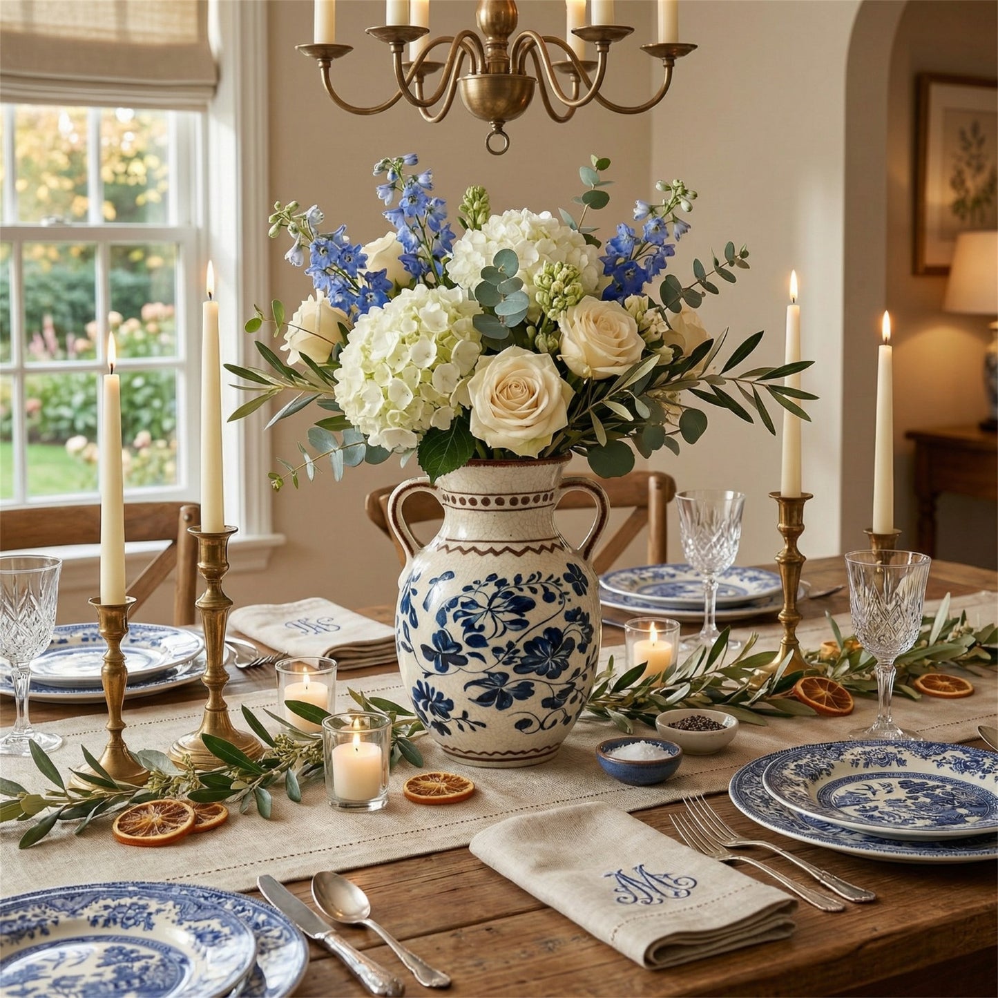 BUYMAX Light Blue Ceramic Vase, Vintage Two-Handle Vase for Flower Arrangements, Farmhouse Table Centerpiece, Decorative Vase for Dried or Fresh Flowers