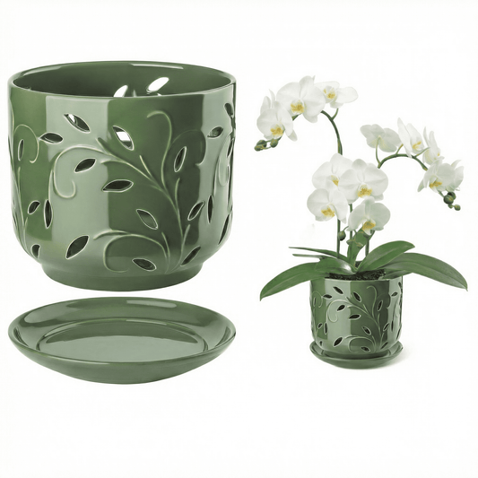 BUYMAX 7 Inch Green Ceramic Orchid Pot with Drainage Holes & Tray | Large Indoor Outdoor Planter for Repotting & Orchid Care