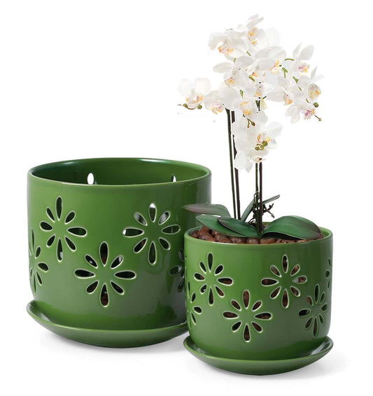 EFISPSS Small Orchid Pots with Holes 5+6 Inch | 2-Pack Breathable Slotted Ceramic Planter, Green
