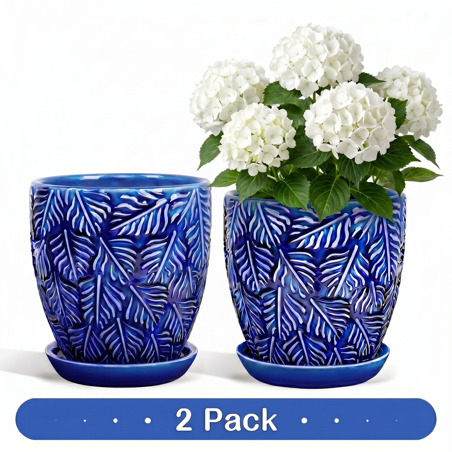 Ceramic Plant Pots, 6 inch Indoor Plant pots with Drainage Hole and Saucer, Flower Pots, Set of 2, Leaf Embossed Glaze