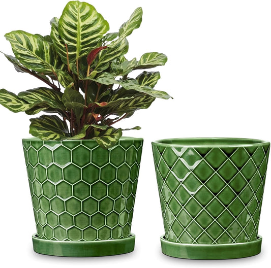 BUYMAX Plant Pots Indoor ¨C6 inch Ceramic Flower Pot with Drainage Hole and Ceramic Tray - Gardening Home Desktop Office Windowsill Decoration, Set of 2(Patina)
