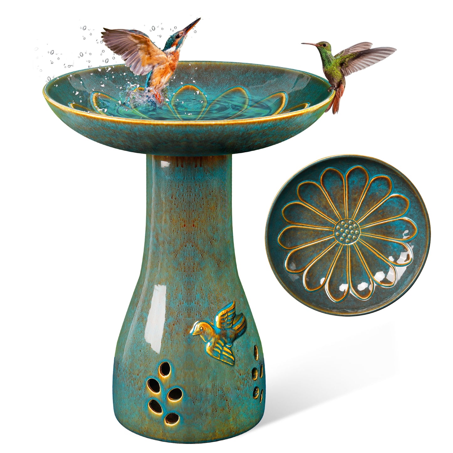 BUYMAX Tall Ceramic Bird Bath for Garden, UV-Resistant, Diamond Blue Grey