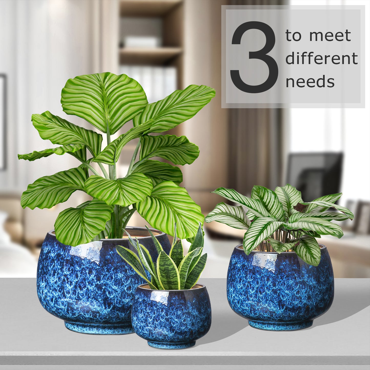 BUYMAX Ceramic Plant Pots , 10+8+6 inch Planters Pots for Indoor Outdoor Plants, Modern Large Flower Pots with Drainage Holes，Flower Pots for Home Garden Decor,Set of 3, Blue