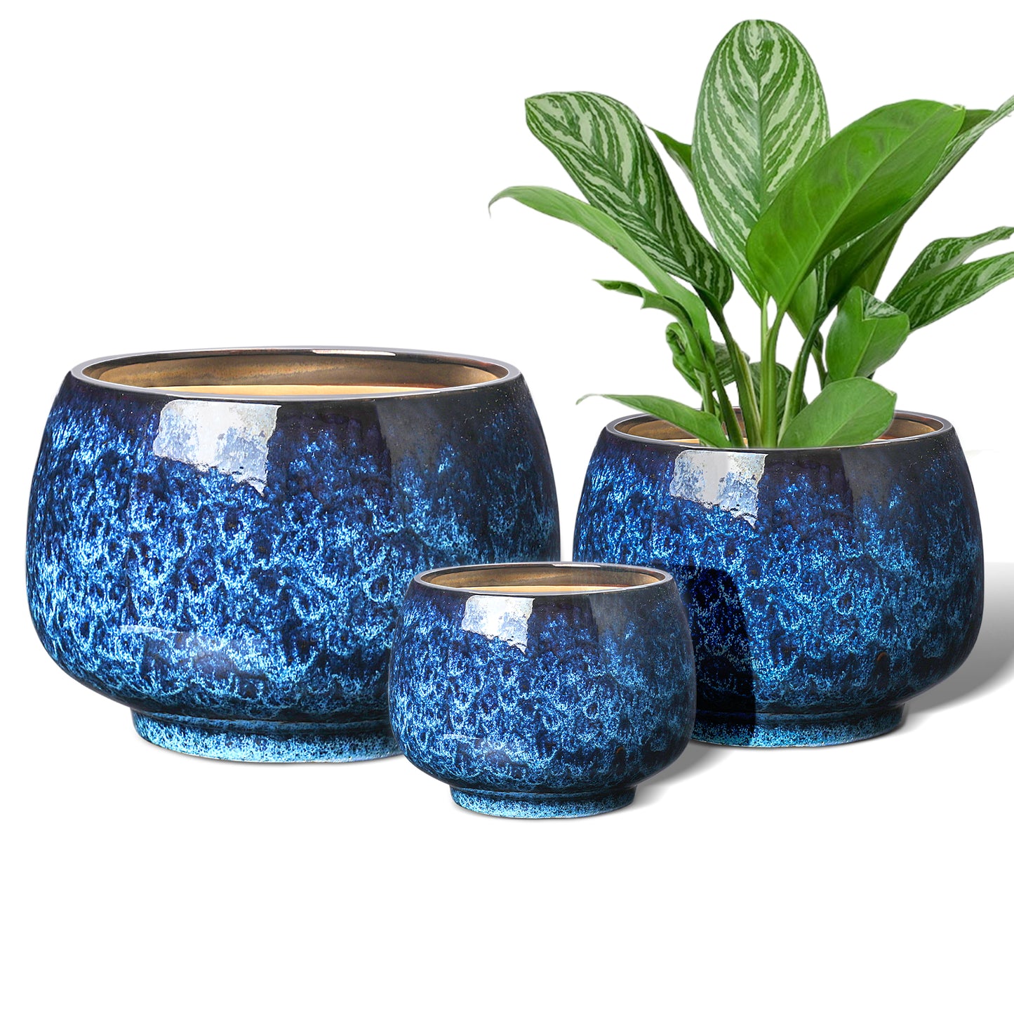 BUYMAX Ceramic Plant Pots , 10+8+6 inch Planters Pots for Indoor Outdoor Plants, Modern Large Flower Pots with Drainage Holes，Flower Pots for Home Garden Decor,Set of 3, Blue