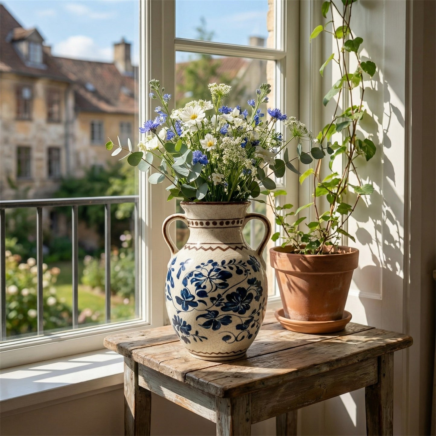BUYMAX Light Blue Ceramic Vase, Vintage Two-Handle Vase for Flower Arrangements, Farmhouse Table Centerpiece, Decorative Vase for Dried or Fresh Flowers